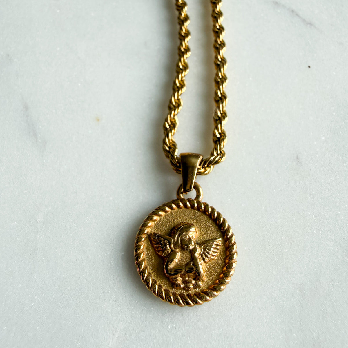 Angelface Braided Stainless Steel Rope Gold Coin Necklace