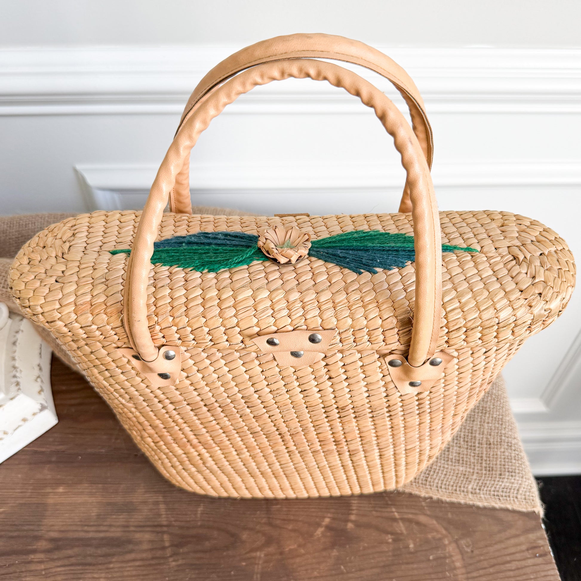 Tupelo Vintage Fine Palm Handwoven Bohemian Floral Medium Tote Shopper Bag