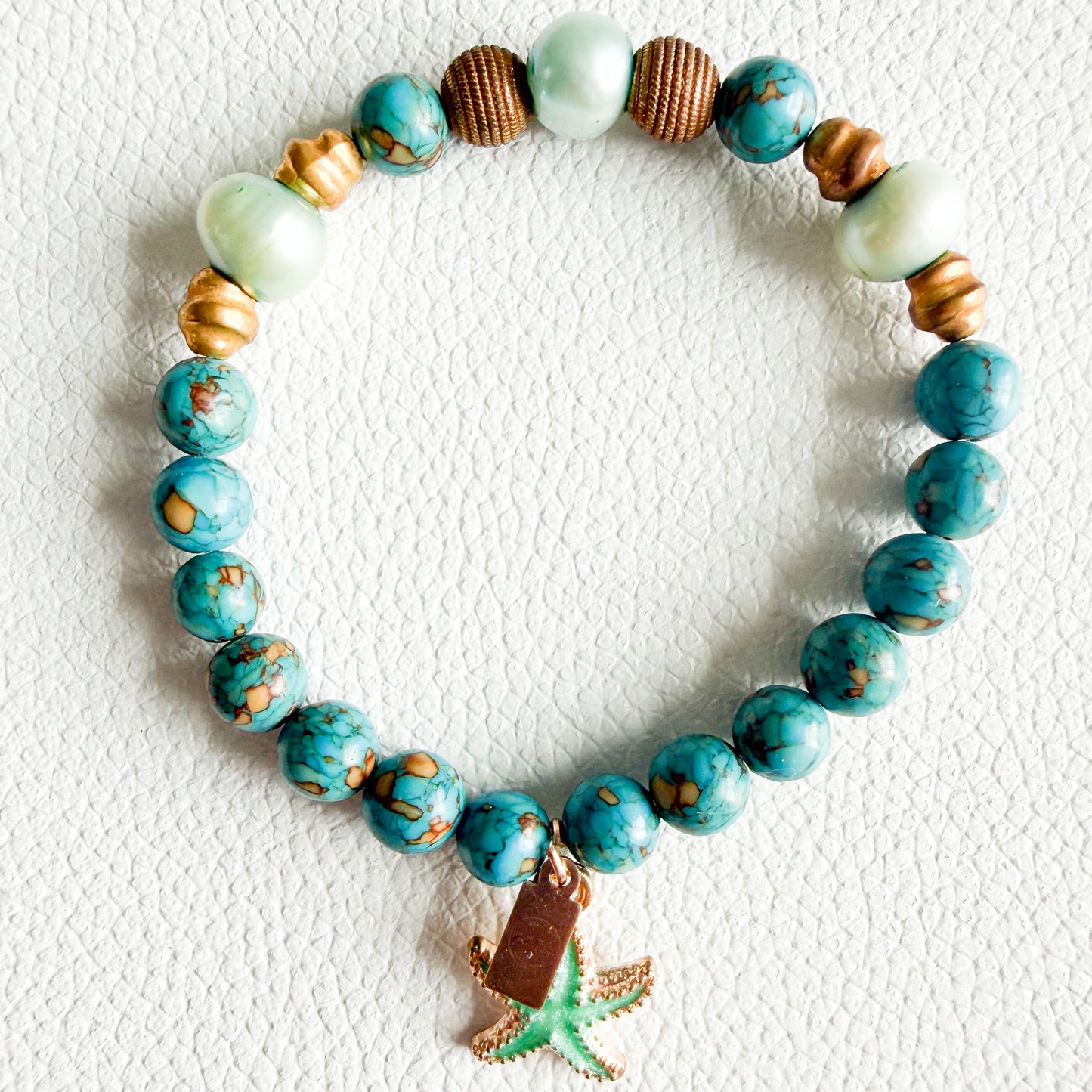 Starfish Sustainable Semi-Precious Stone Vintage Brass Charm Stretch Bracelet - BelleStyle