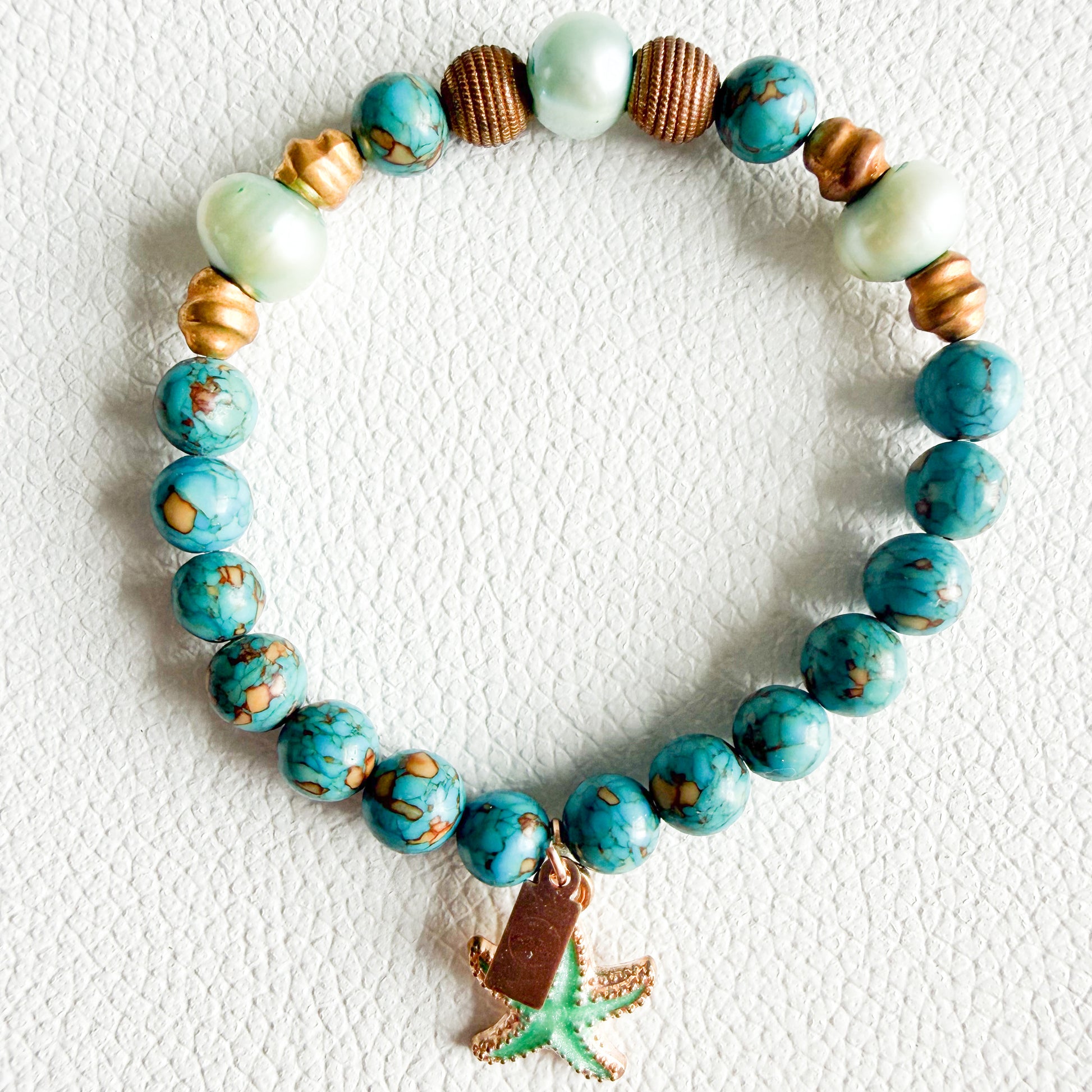 Starfish Sustainable Semi-Precious Stone Vintage Brass Charm Stretch Bracelet - BelleStyle