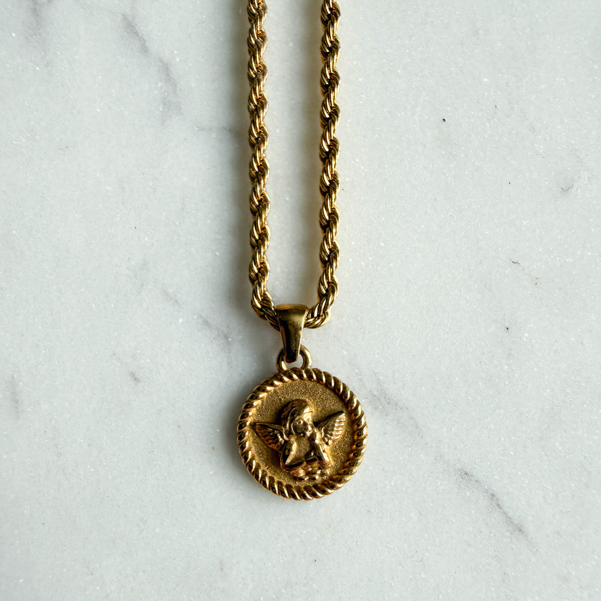 Angelface Braided Stainless Steel Rope Gold Coin Necklace