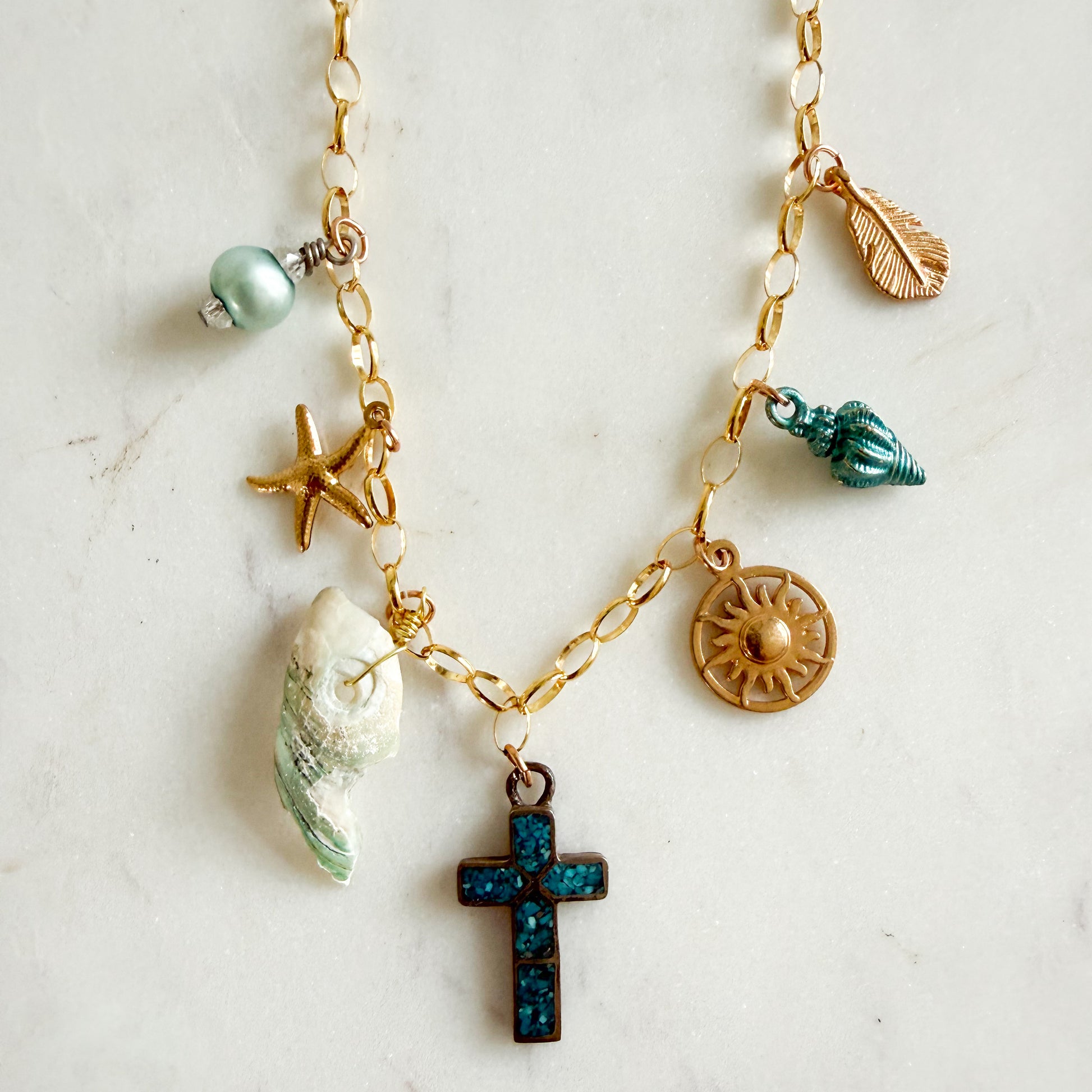 Sydney Vintage Cross Freshwater Pearl Charm 14KT GF Chain Necklace