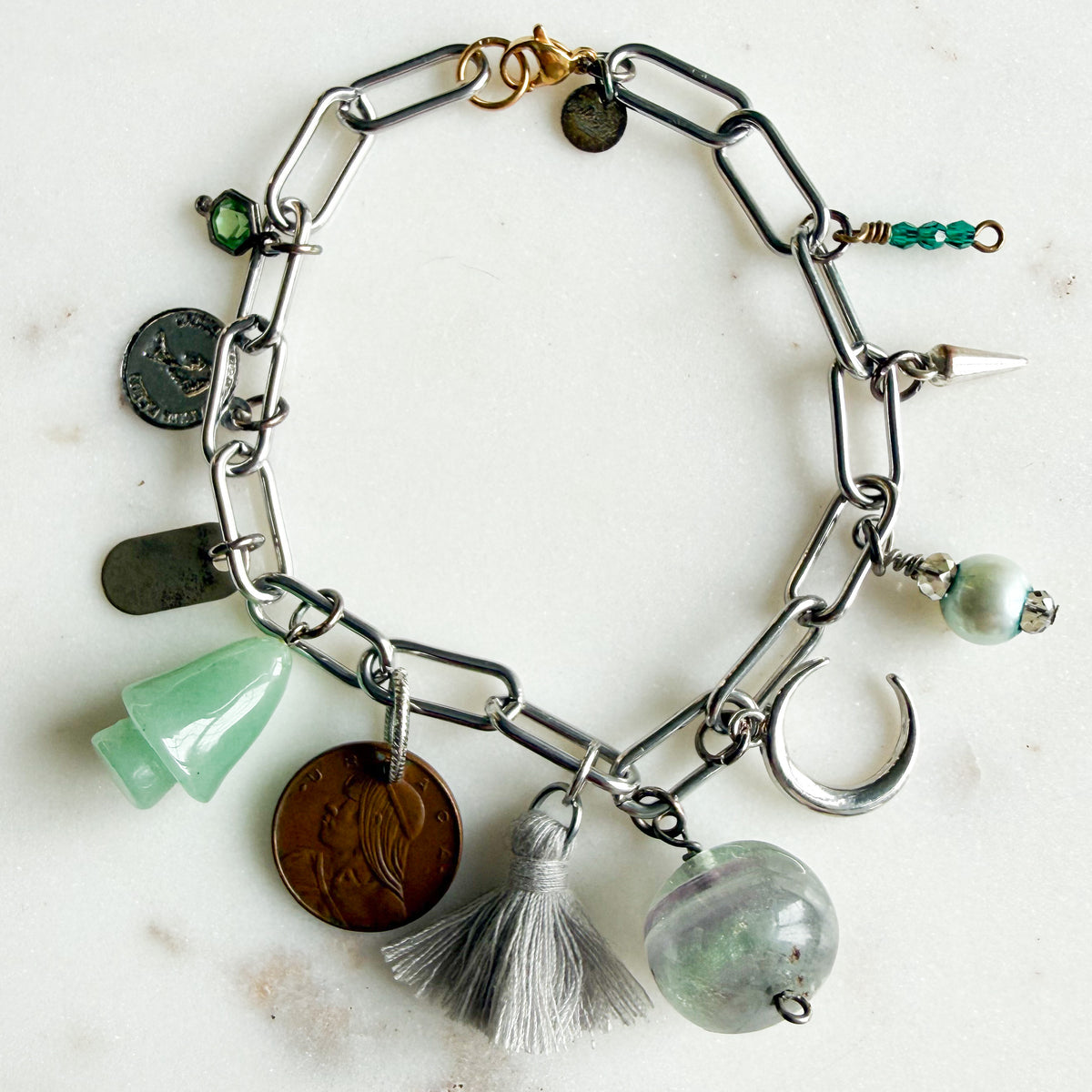Nottingham Archive Green Jade Vintage Mushroom Charm Bracelet - BelleStyle
