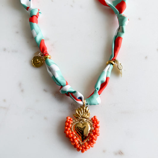 Montagne Gold Sacred Heart Charm Orange Bandanna Necklace