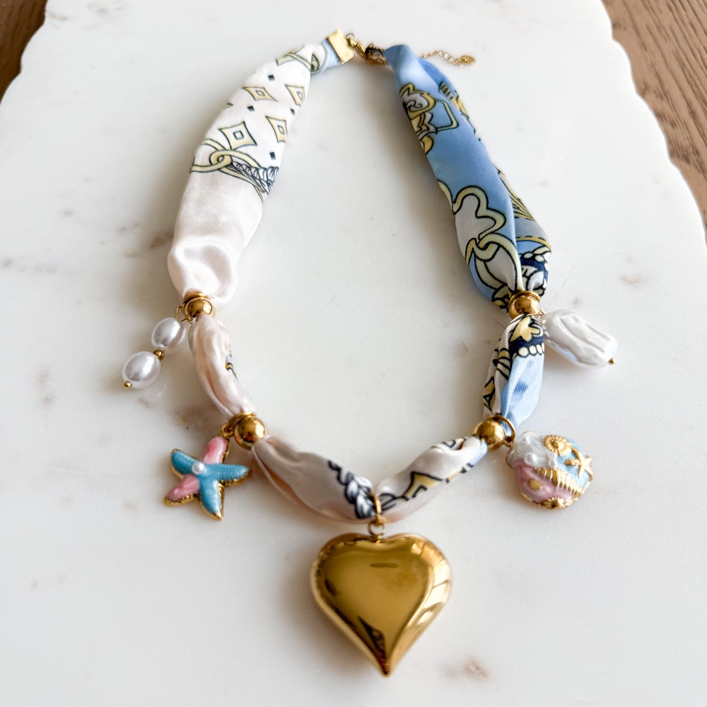 Paisley Puff Gold Heart Charm Bandana Necklace