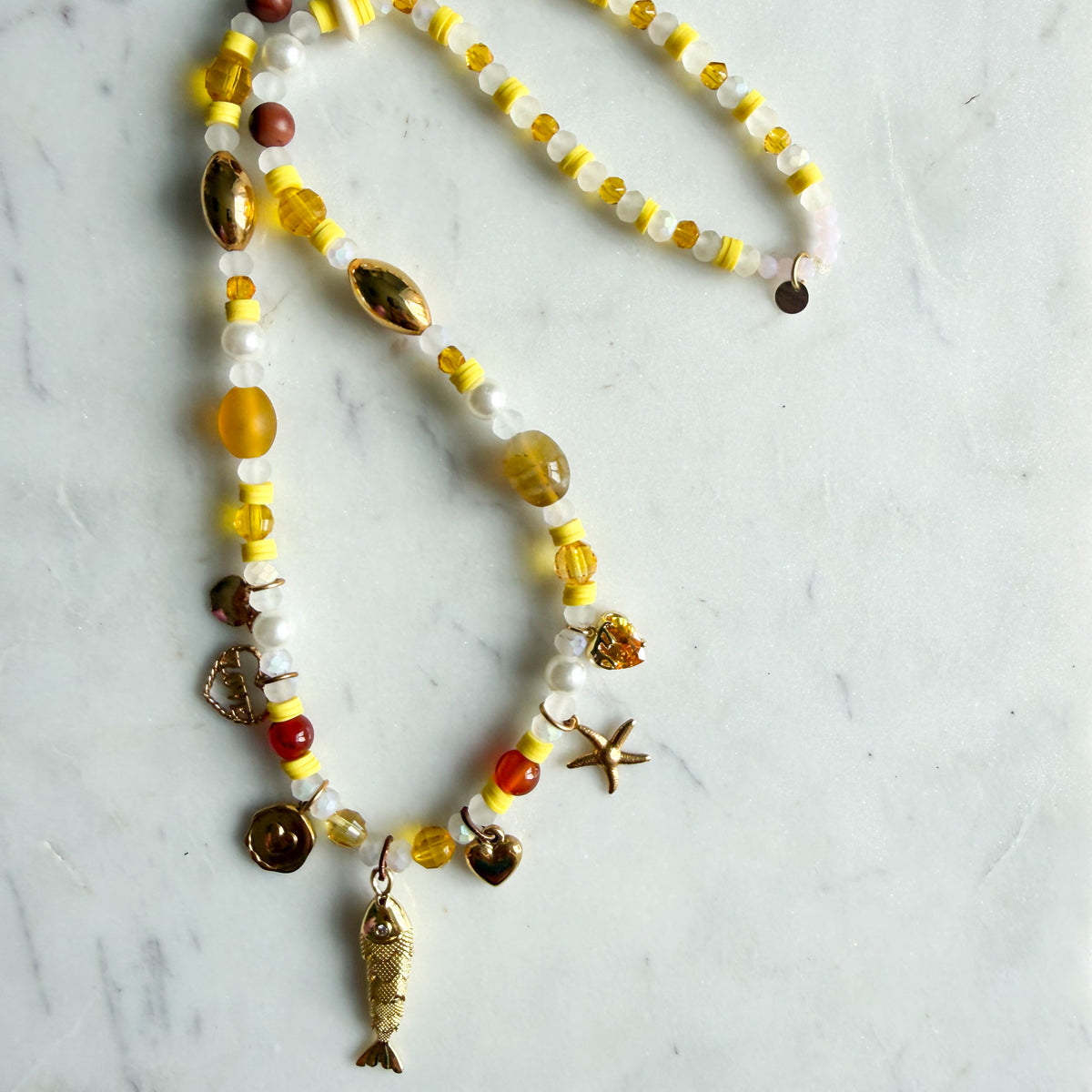 Jaune Golden Agate Jasper Moonstone Quartz Vintage Swarovski Fish Charm Necklace- BelleStye