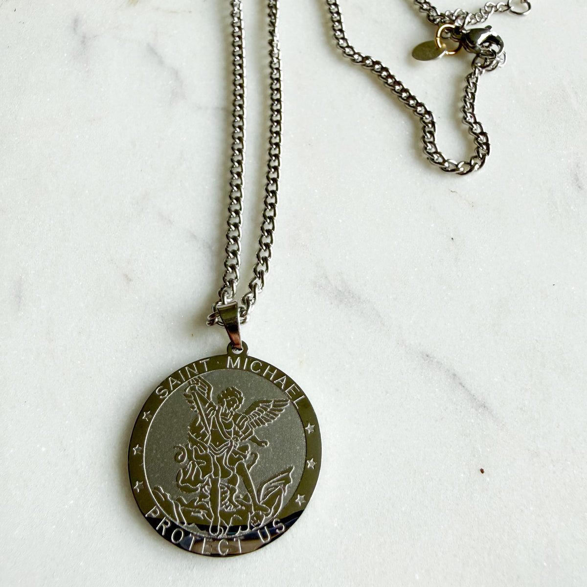 St. Michael Protect Us Stainless Steel Coin Charm Prayer Necklace