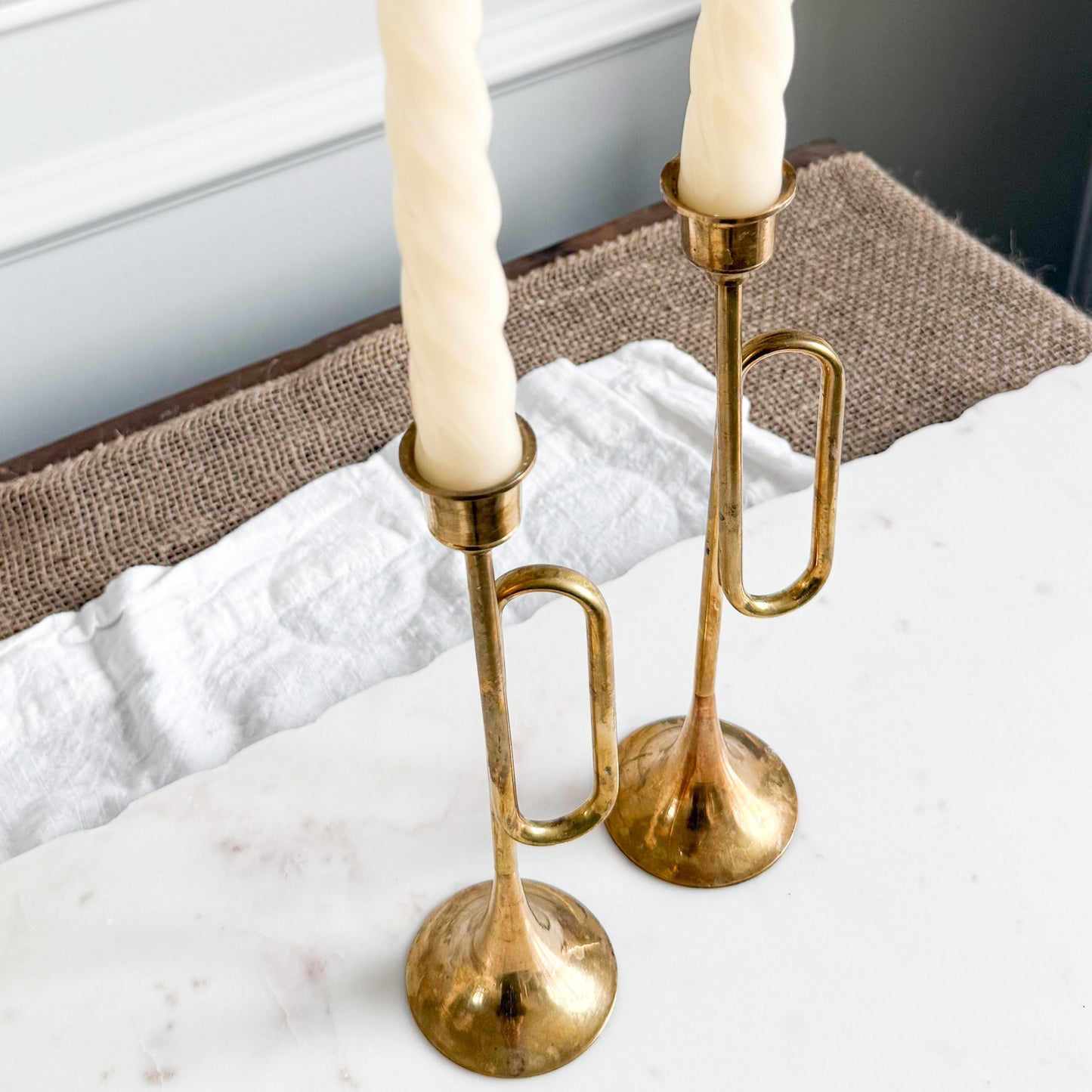 BelleStyle Vintage Brass Trumpet Candle Holders Set of 2