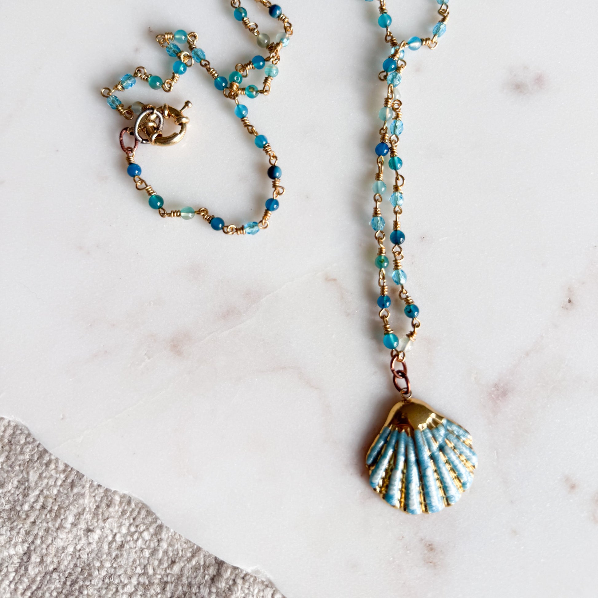 Capri Blue Chalcedony Shell Long Necklace