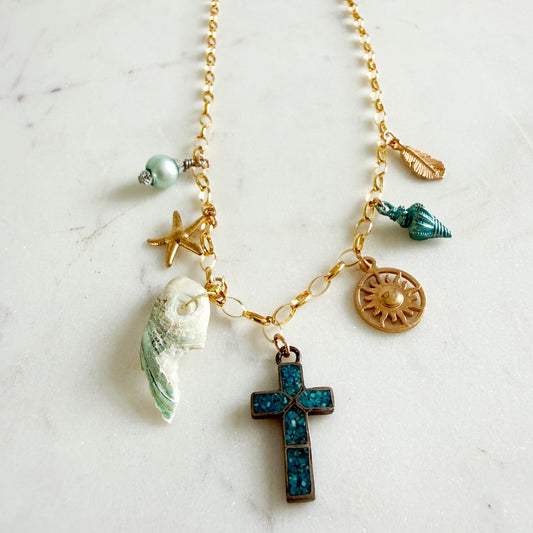 Sydney Vintage Cross Freshwater Pearl Charm 14KT GF Chain Necklace