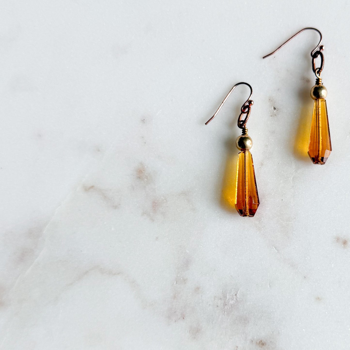 Amber Vintage Crystal Copper 14K Gold Ball Drop Earrings