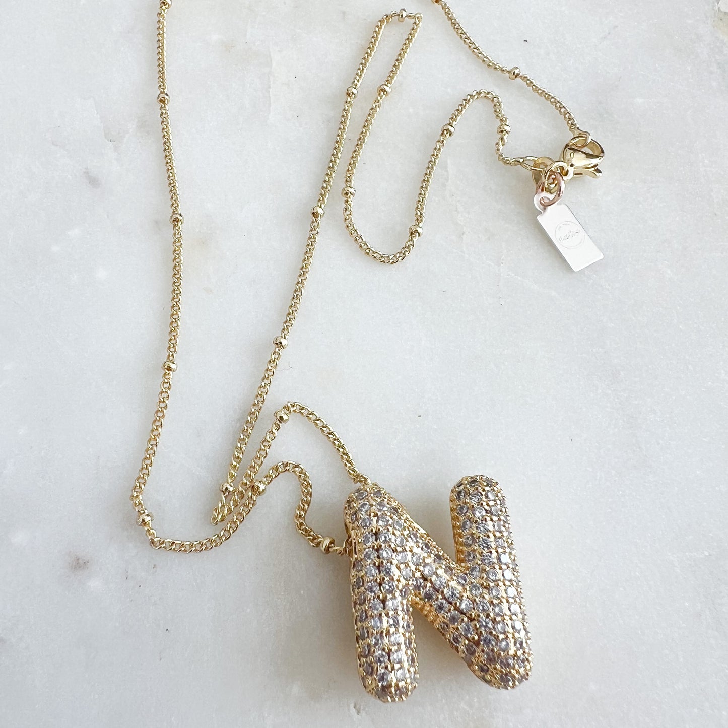 Bubble Letter Pave Crystal Pendent Gold Necklace