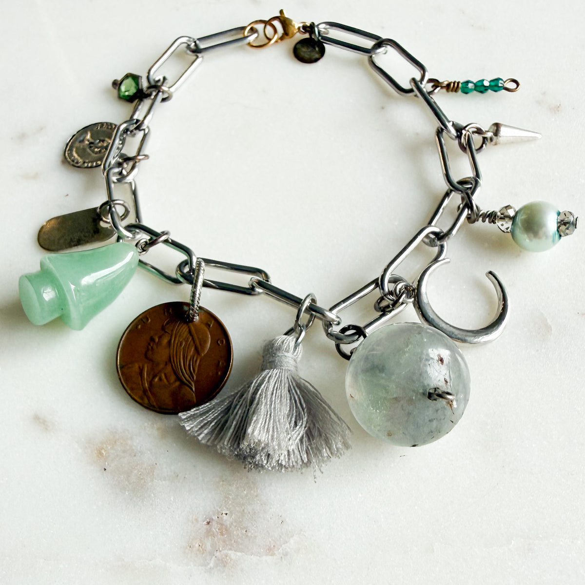 Nottingham Archive Green Jade Vintage Mushroom Charm Bracelet - BelleStyle