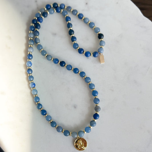 Sistine Chapel Gold Angelface Charm Blue Chalcedony Semi-Precious Stone Necklace
