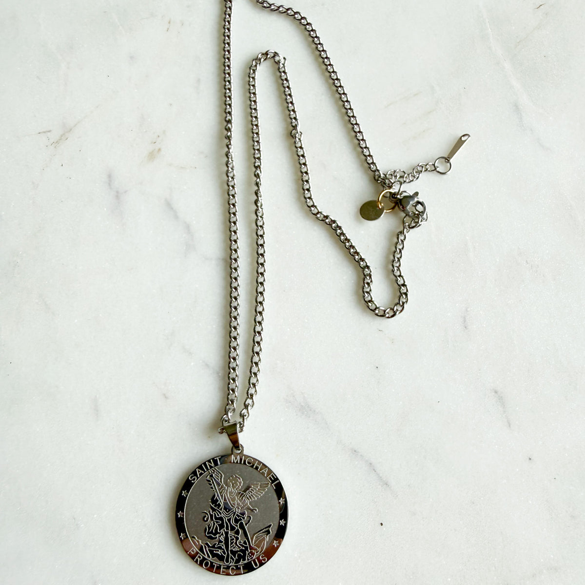 St. Michael Protect Us Stainless Steel Coin Charm Prayer Necklace