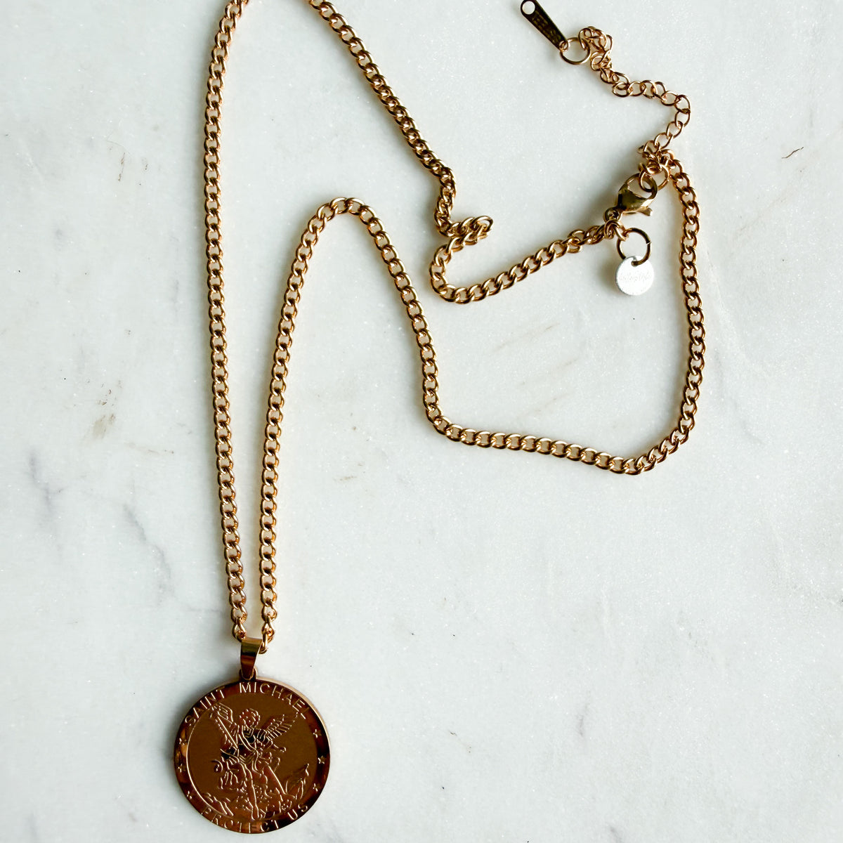 St. Michael Protect Us Stainless Steel Coin Charm Prayer Necklace