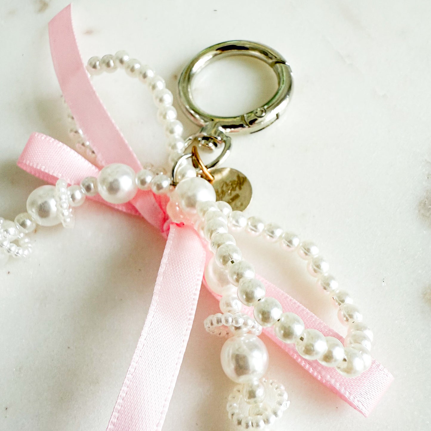 Pink Bow Ribbon Faux Pearl Keychain - BelleStyle