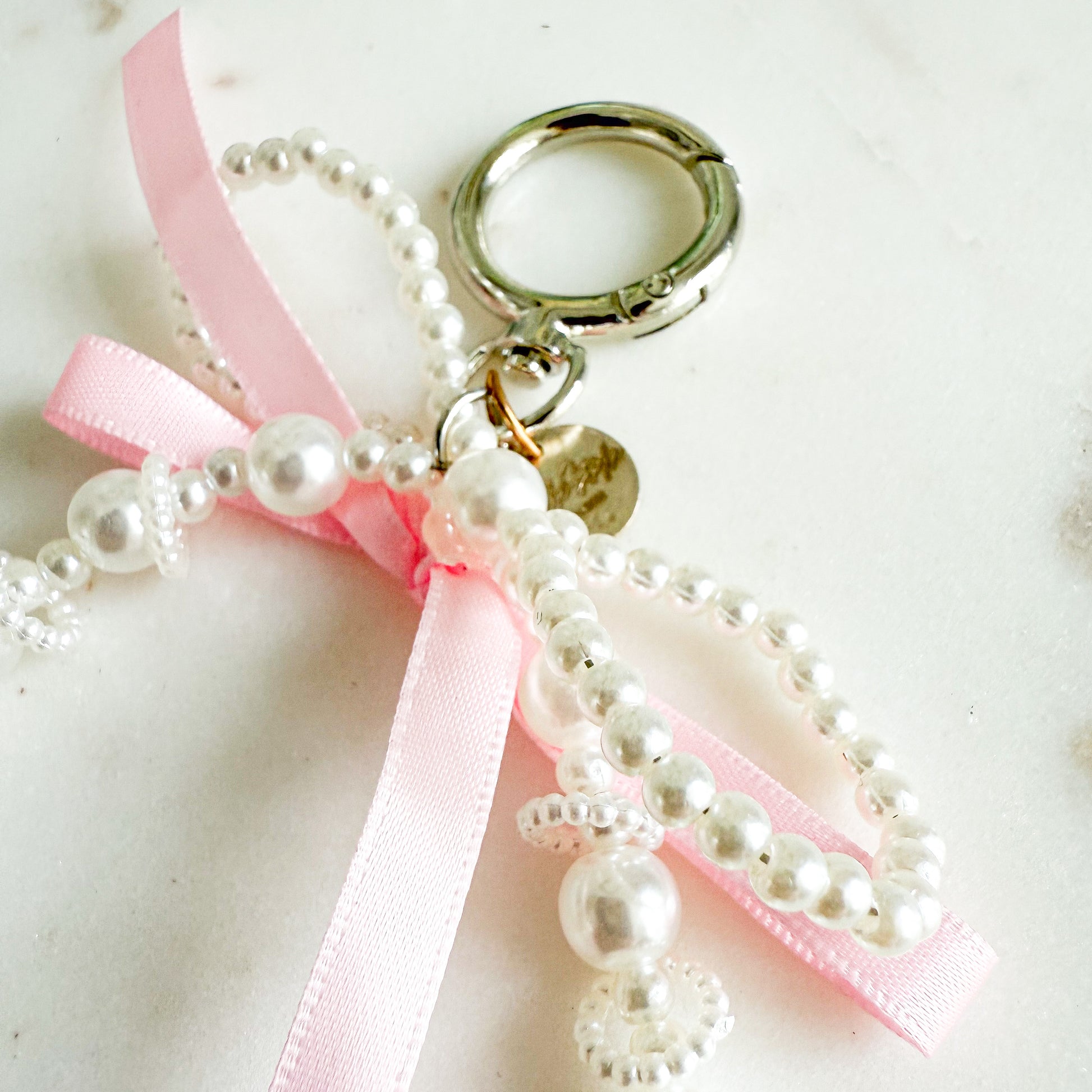 Pink Bow Ribbon Faux Pearl Keychain - BelleStyle