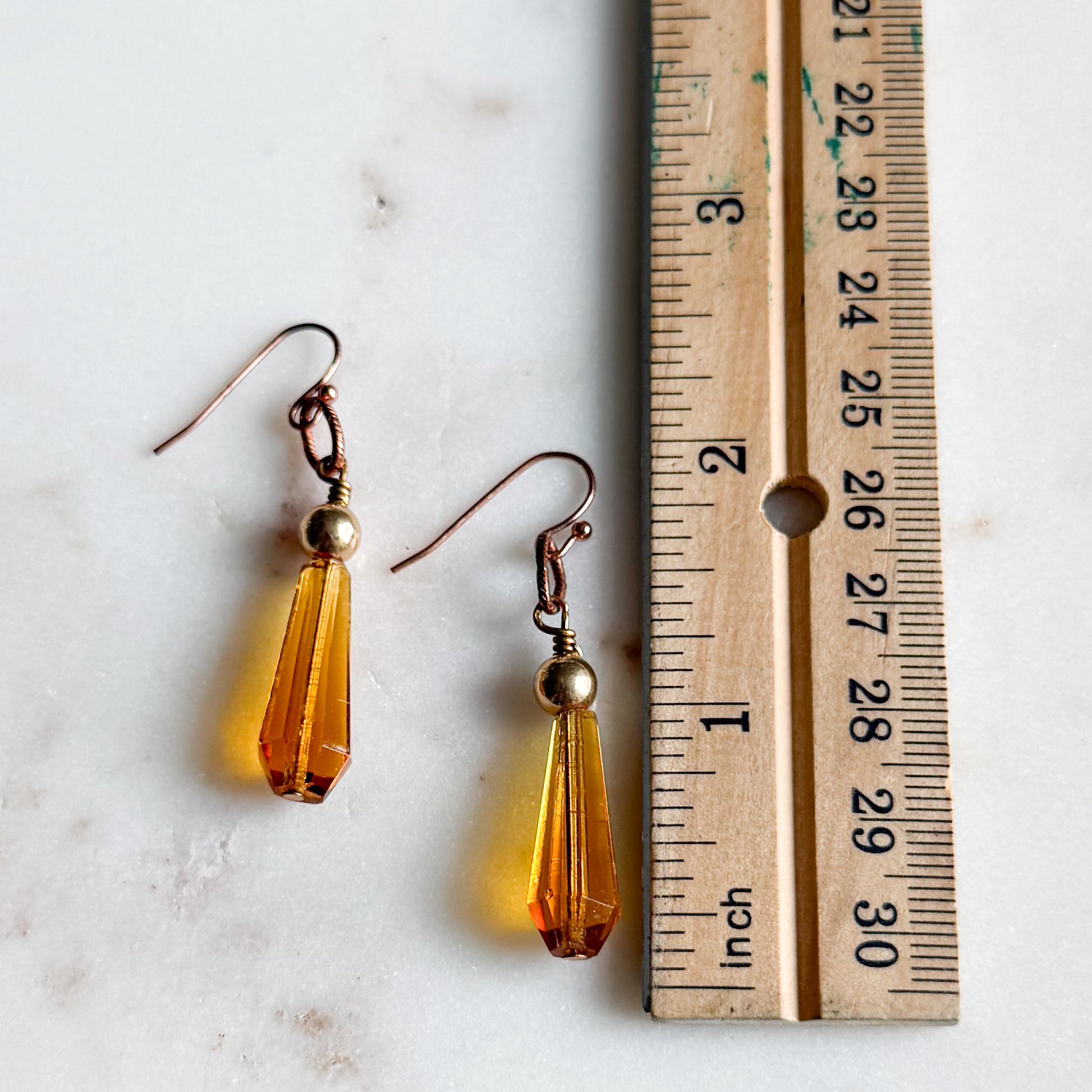 Amber Vintage Crystal Copper 14K Gold Ball Drop Earrings