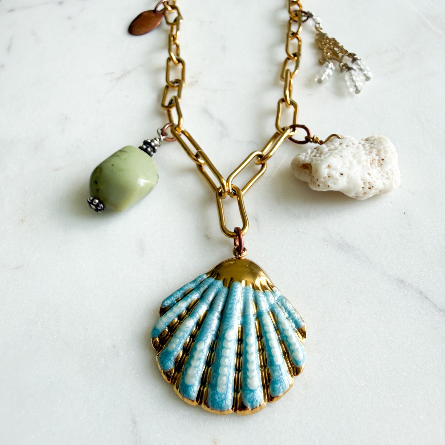Blue Shell Deerskin Leather Long Statement Coral Charm Necklace