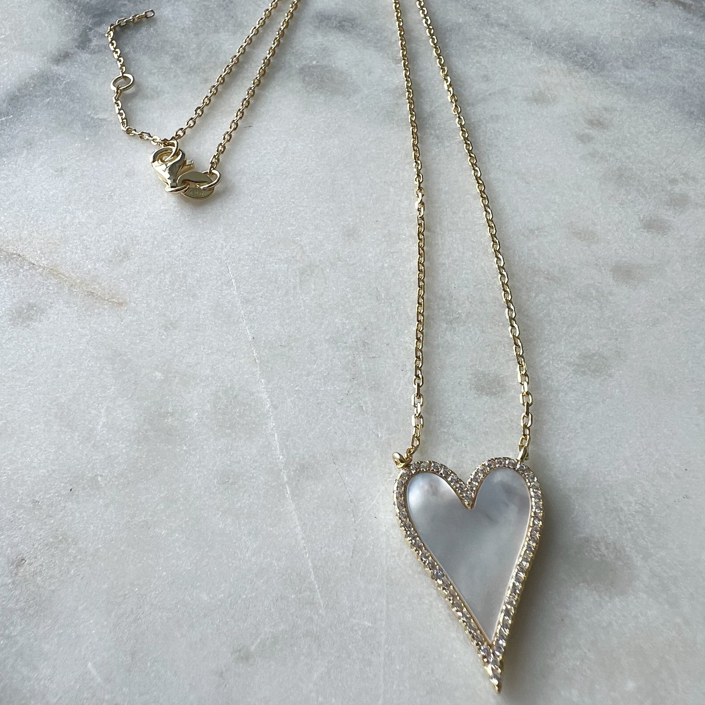 Long Mother of Pearl Heart Charm 925 Gold Necklace - BelleStyle