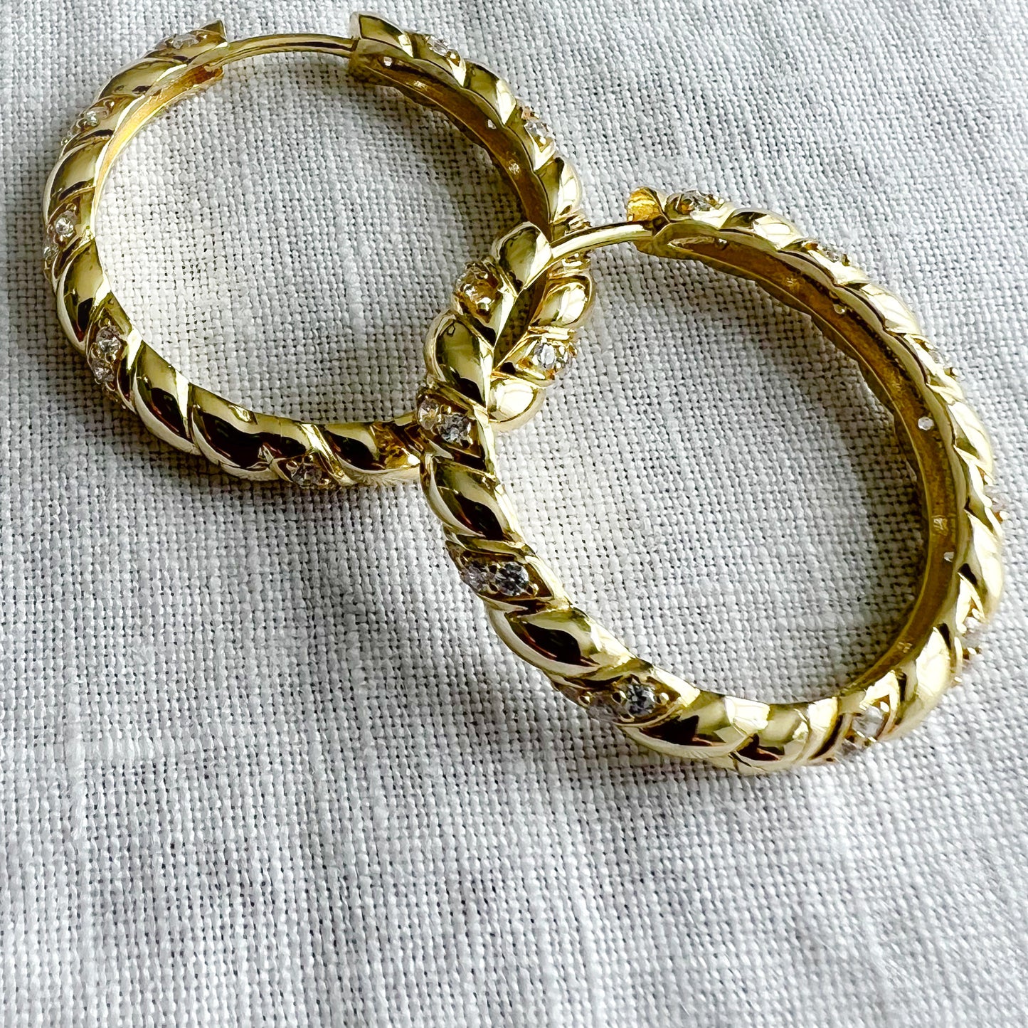 Hepburn Gold Twist Design Pave Crystal Medium Hoop 925 Earrings