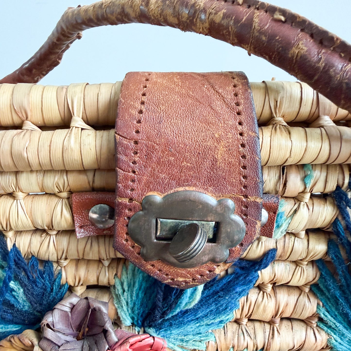 Monterrey Bohemian Vintage 1960’s Handwoven Raffia Palm Picnic Basket
