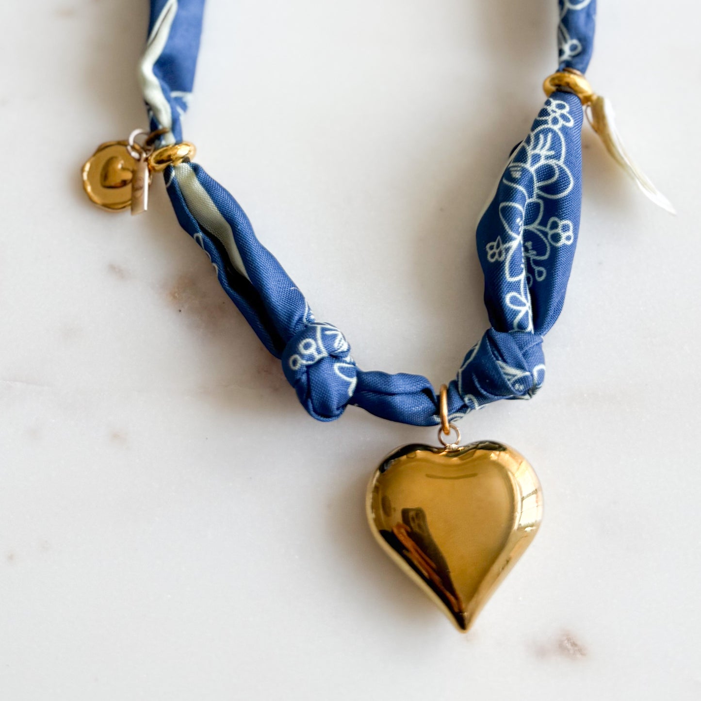 Hayling Gold Heart Charm Blue Bandana Scarf Necklace