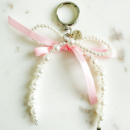 Pink Bow Ribbon Faux Pearl Keychain - BelleStyle