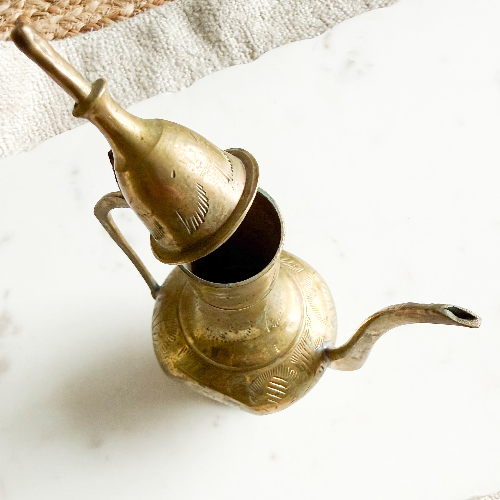 Fern Vintage Etched Brass Teapot with Handle and Lid