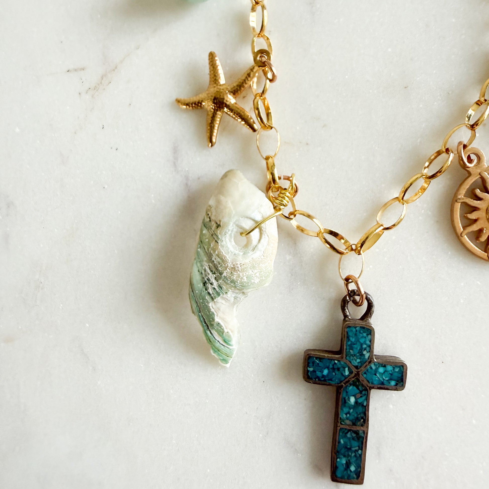 Sydney Vintage Cross Freshwater Pearl Charm 14KT GF Chain Necklace