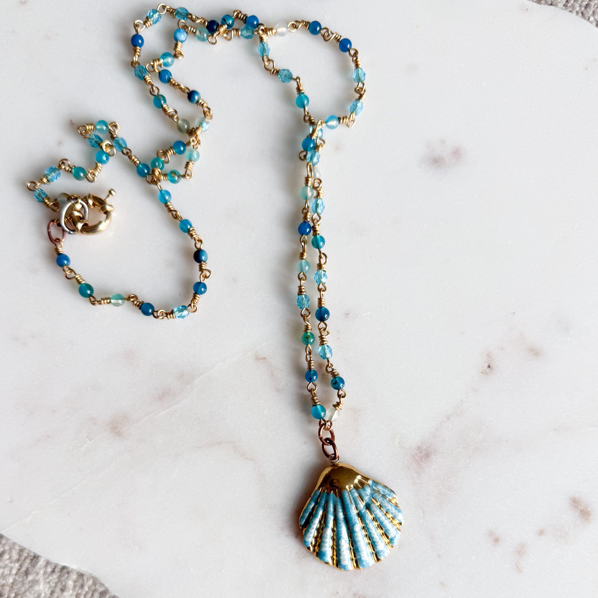 Capri Blue Chalcedony Shell Long Necklace