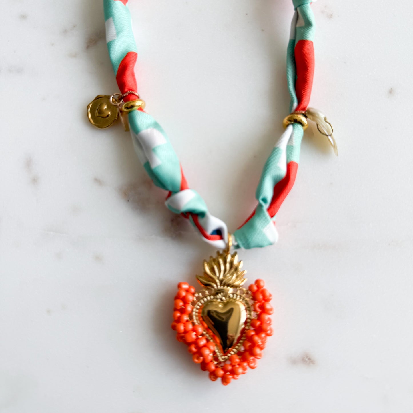 Montagne Gold Sacred Heart Charm Orange Bandanna Necklace