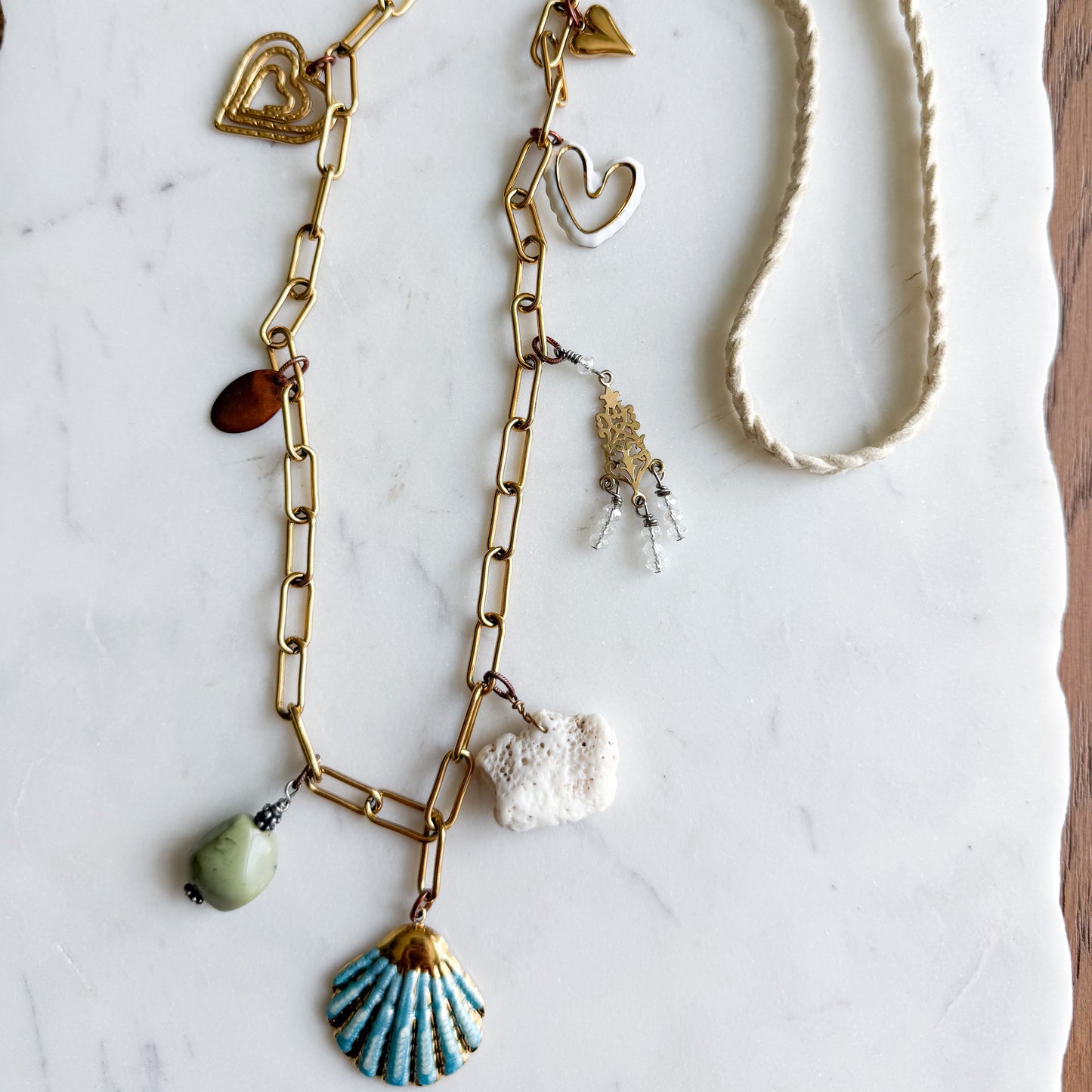 Blue Shell Deerskin Leather Long Statement Coral Charm Necklace