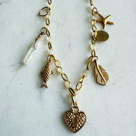Heart Locket Crystal Quartz 14KT Diamond Charm Necklace