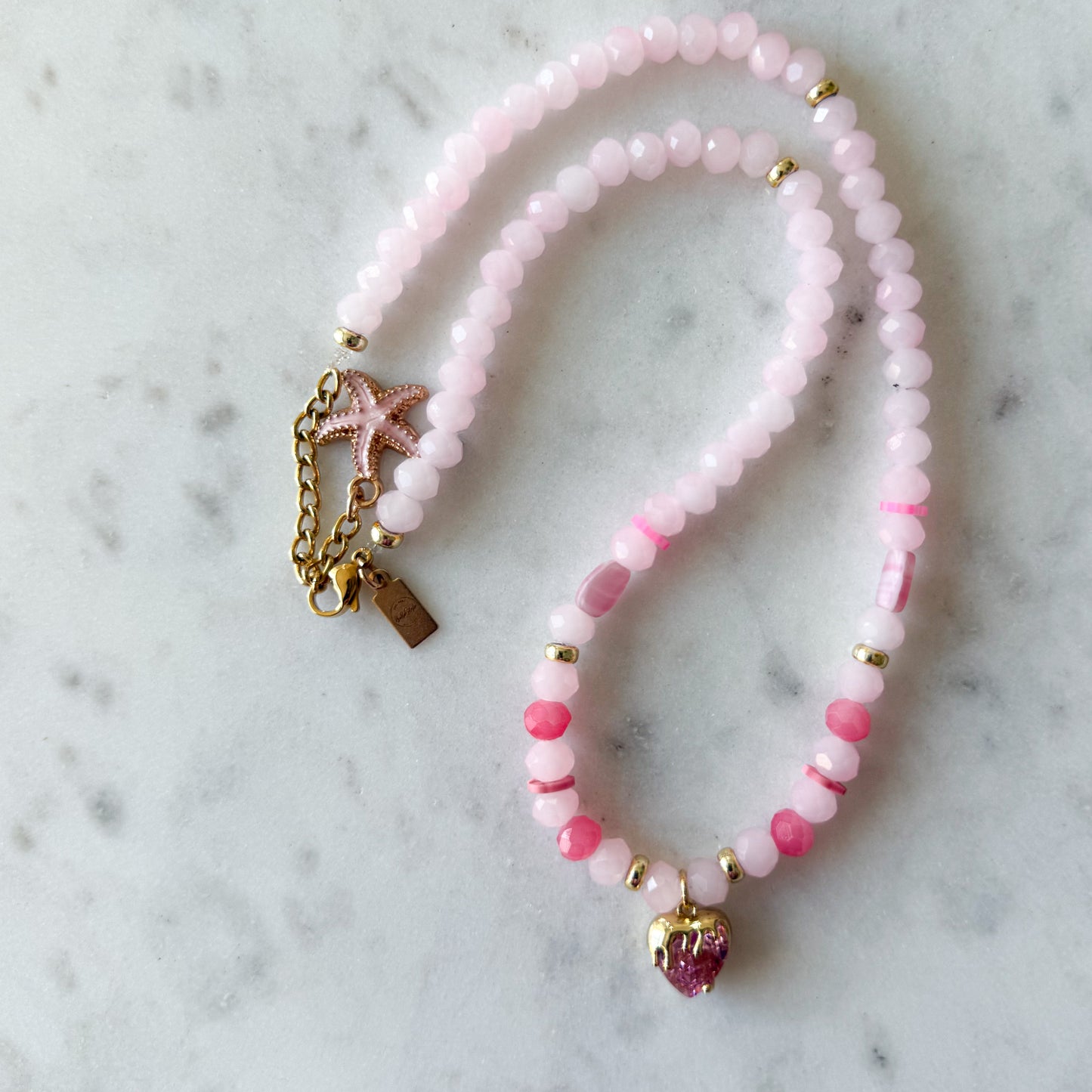 Drippy Pink Crystal Heart Charm Rose Quartz Necklace