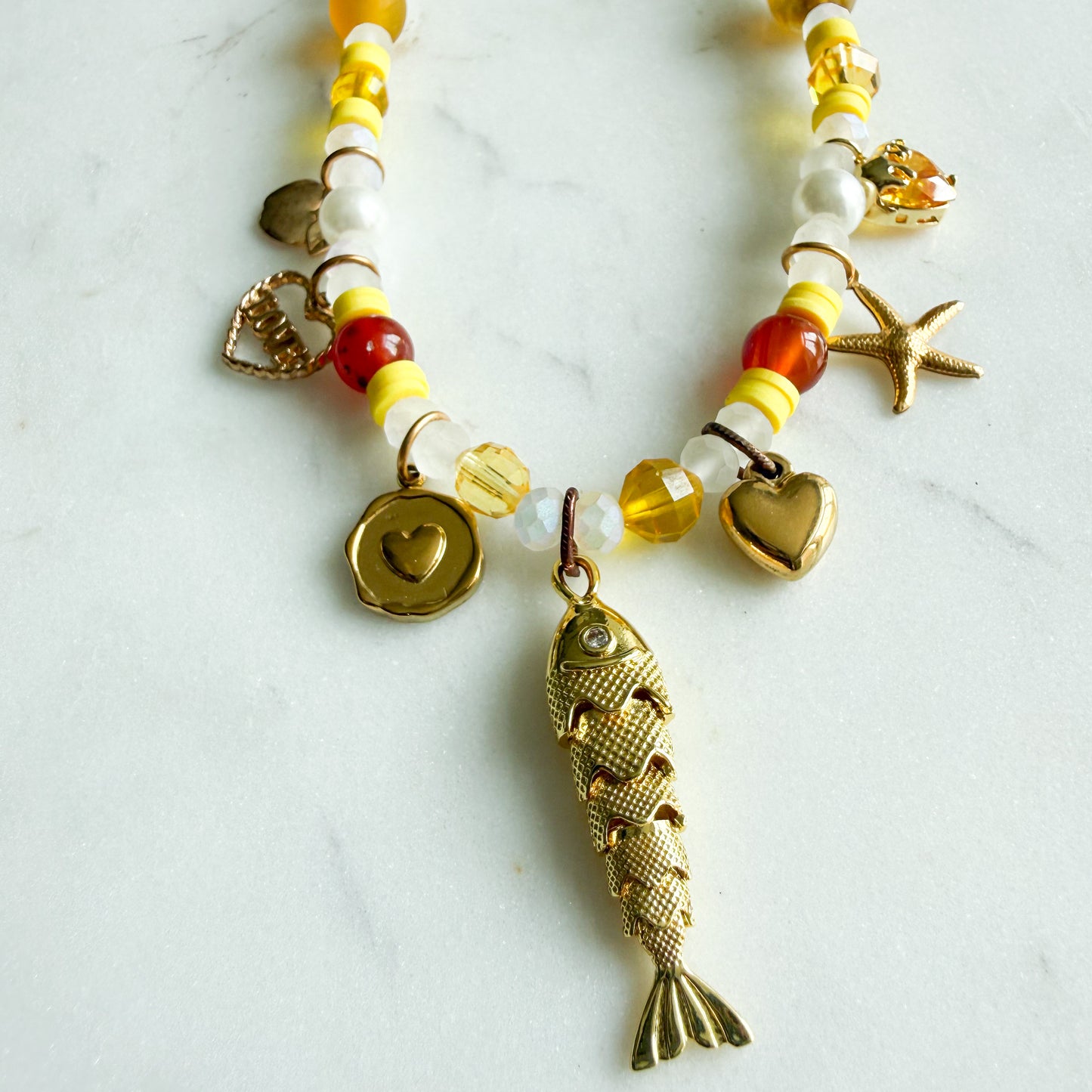 Jeanie Fish Heart Carnelian Semi-Precious Stone Charm Necklace