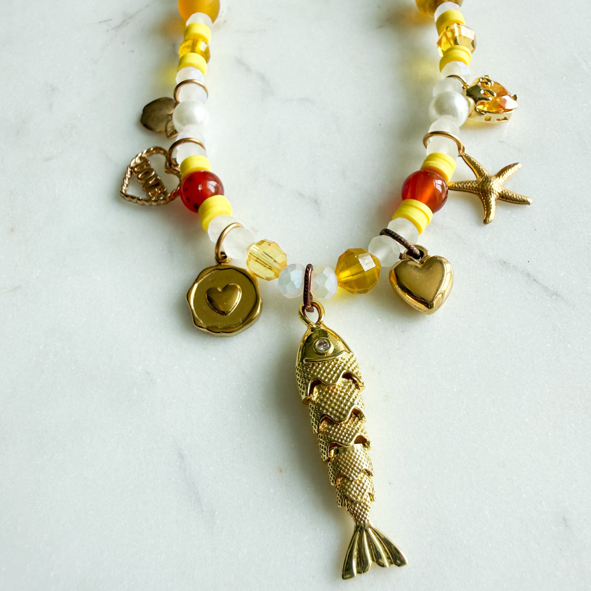 Jeanie Fish Heart Carnelian Semi-Precious Stone Charm Necklace
