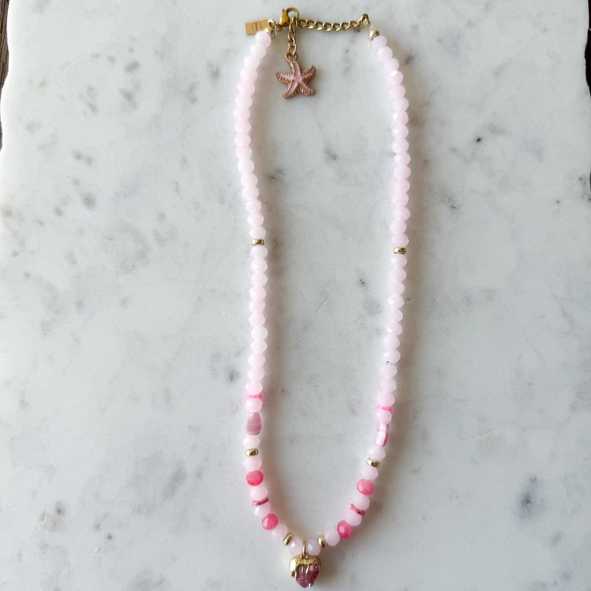 Drippy Pink Crystal Heart Charm Rose Quartz Necklace