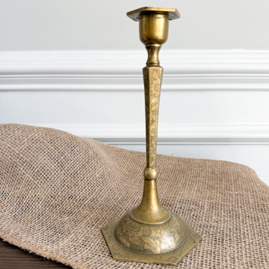 Floral Vintage Tall Brass Candle Holder with Candlestick