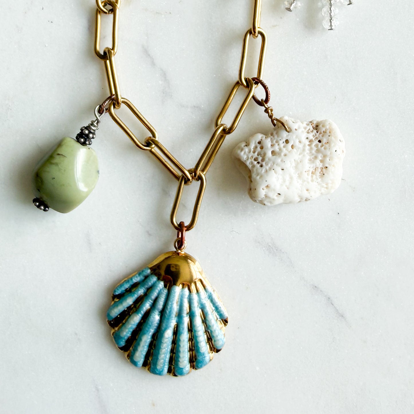 Blue Shell Deerskin Leather Long Statement Coral Charm Necklace