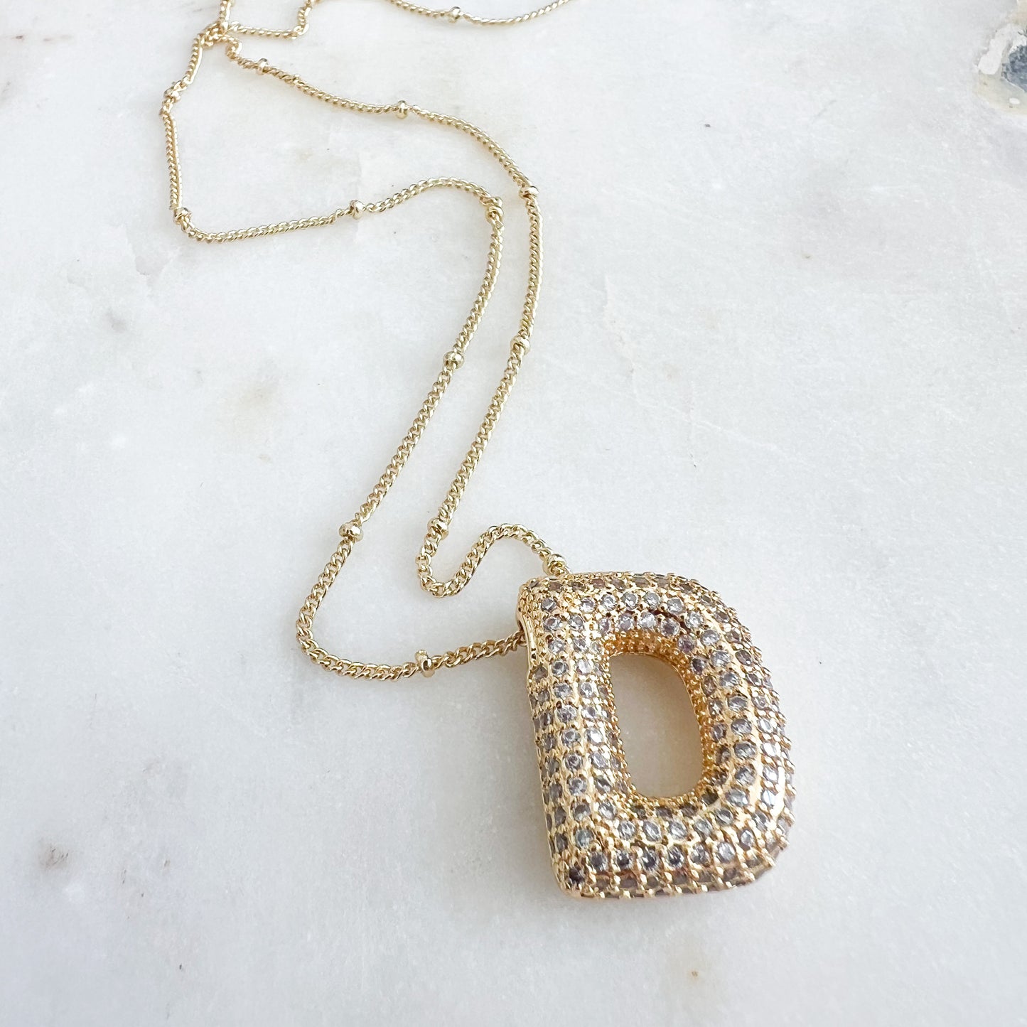 Bubble Letter Pave Crystal Pendent Gold Necklace