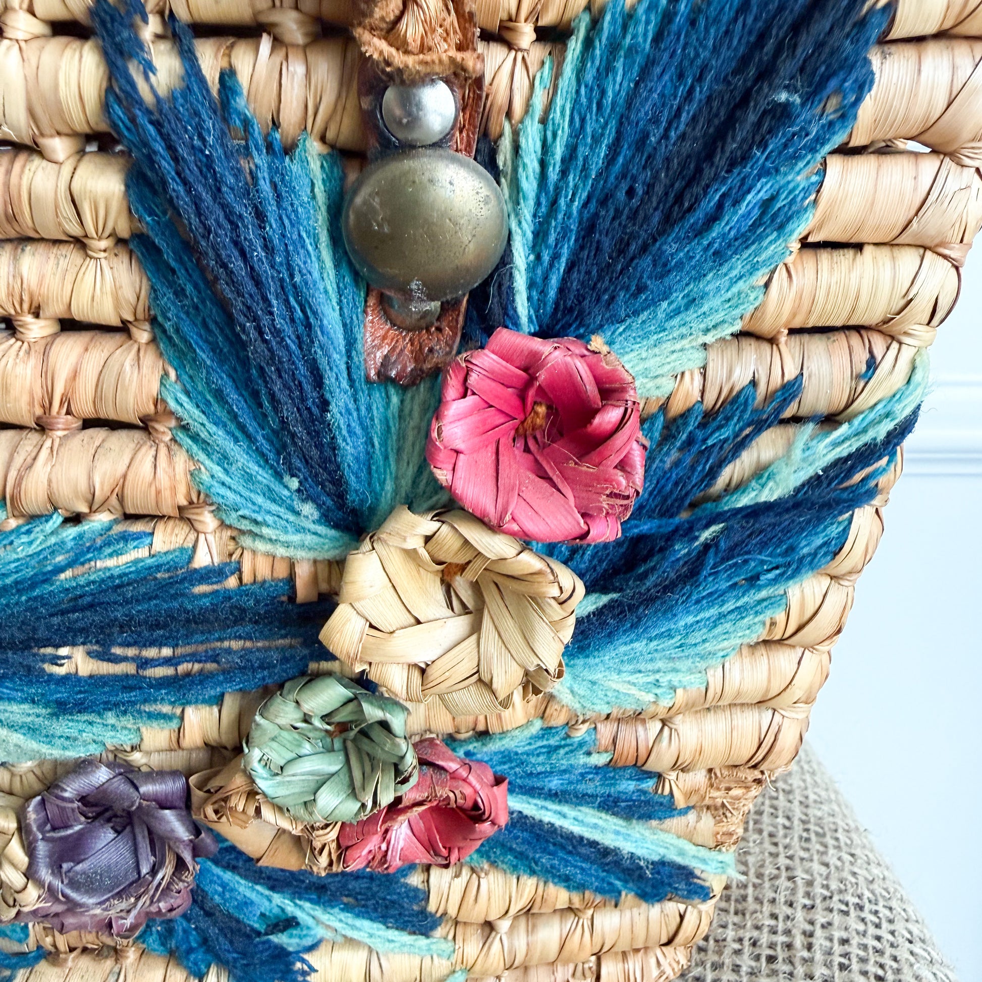 Monterrey Bohemian Vintage 1960’s Handwoven Raffia Palm Picnic Basket
