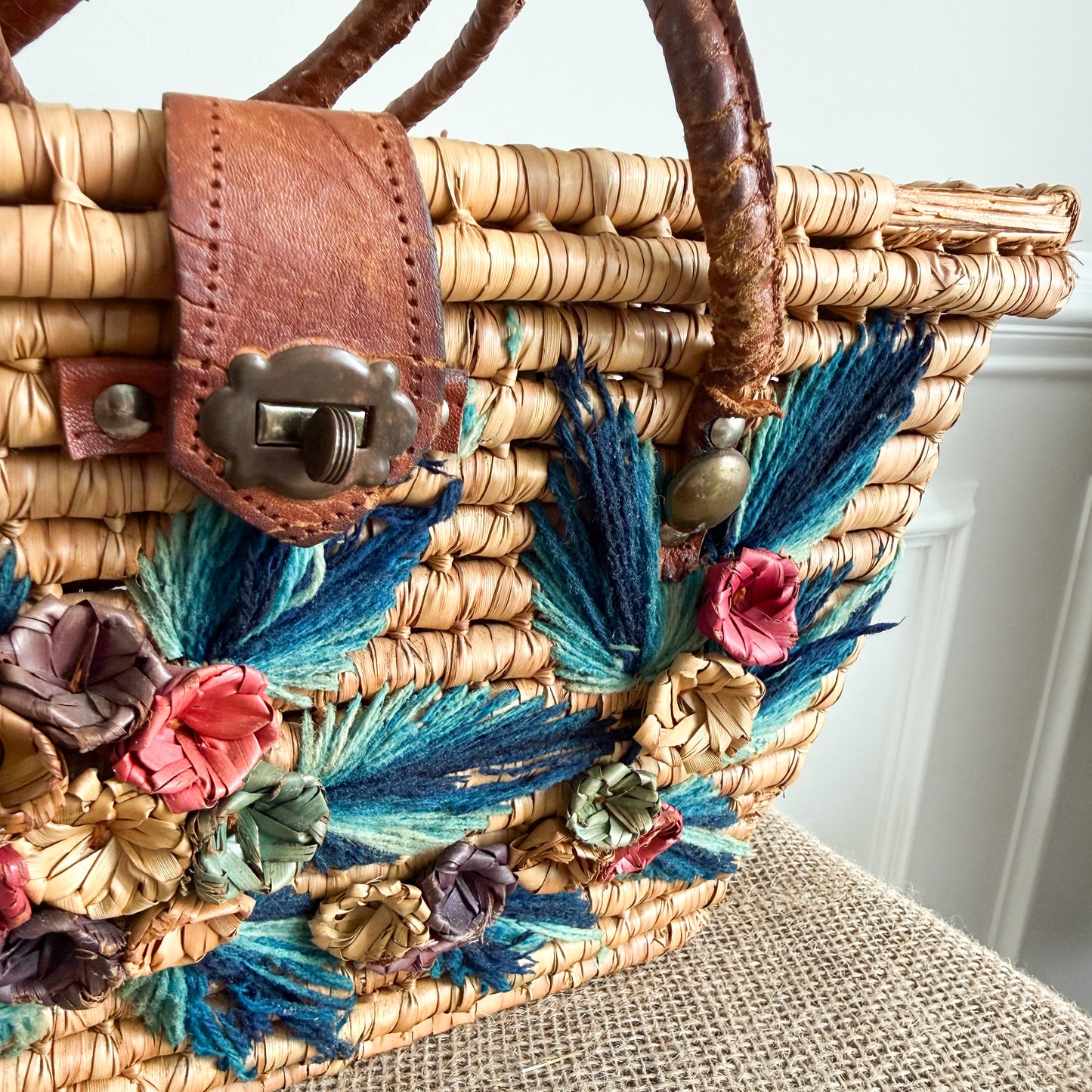 Monterrey Bohemian Vintage 1960’s Handwoven Raffia Palm Picnic Basket