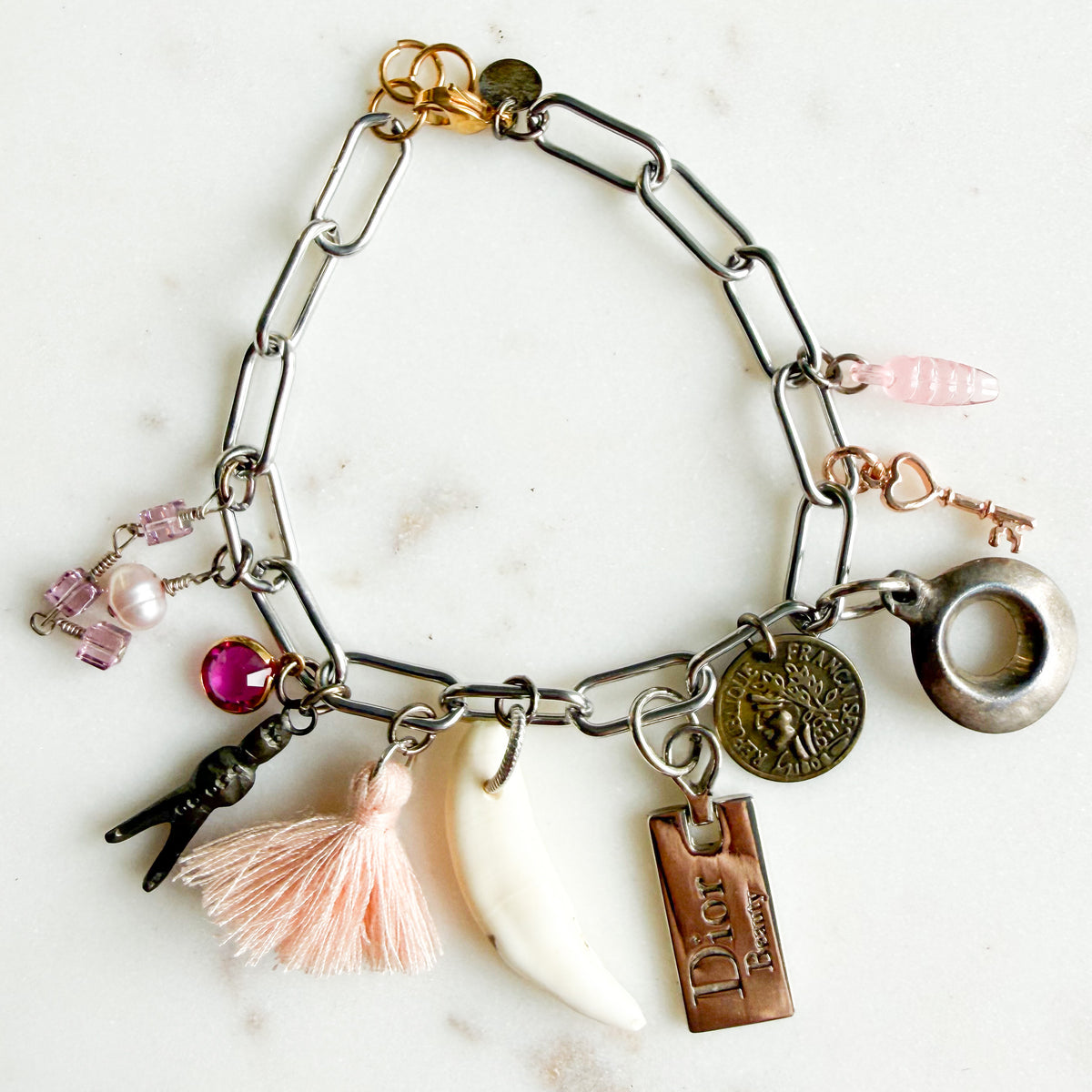 Panama Swarovski Hot Pink Crystal Archive Vintage Dior Beauty Charm Bracelet - BelleStye