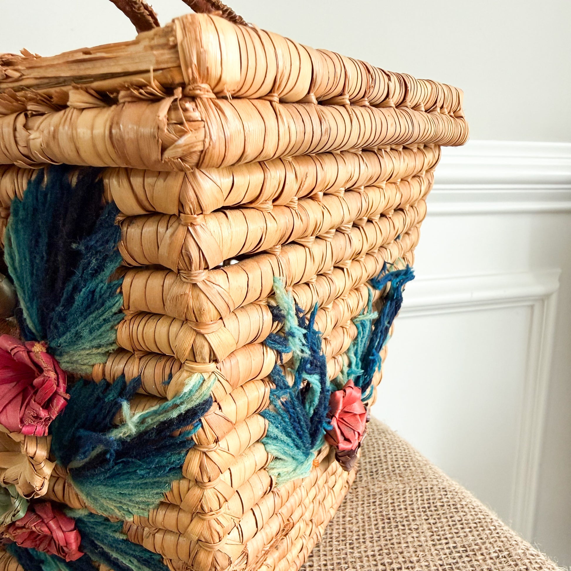 Monterrey Bohemian Vintage 1960’s Handwoven Raffia Palm Picnic Basket