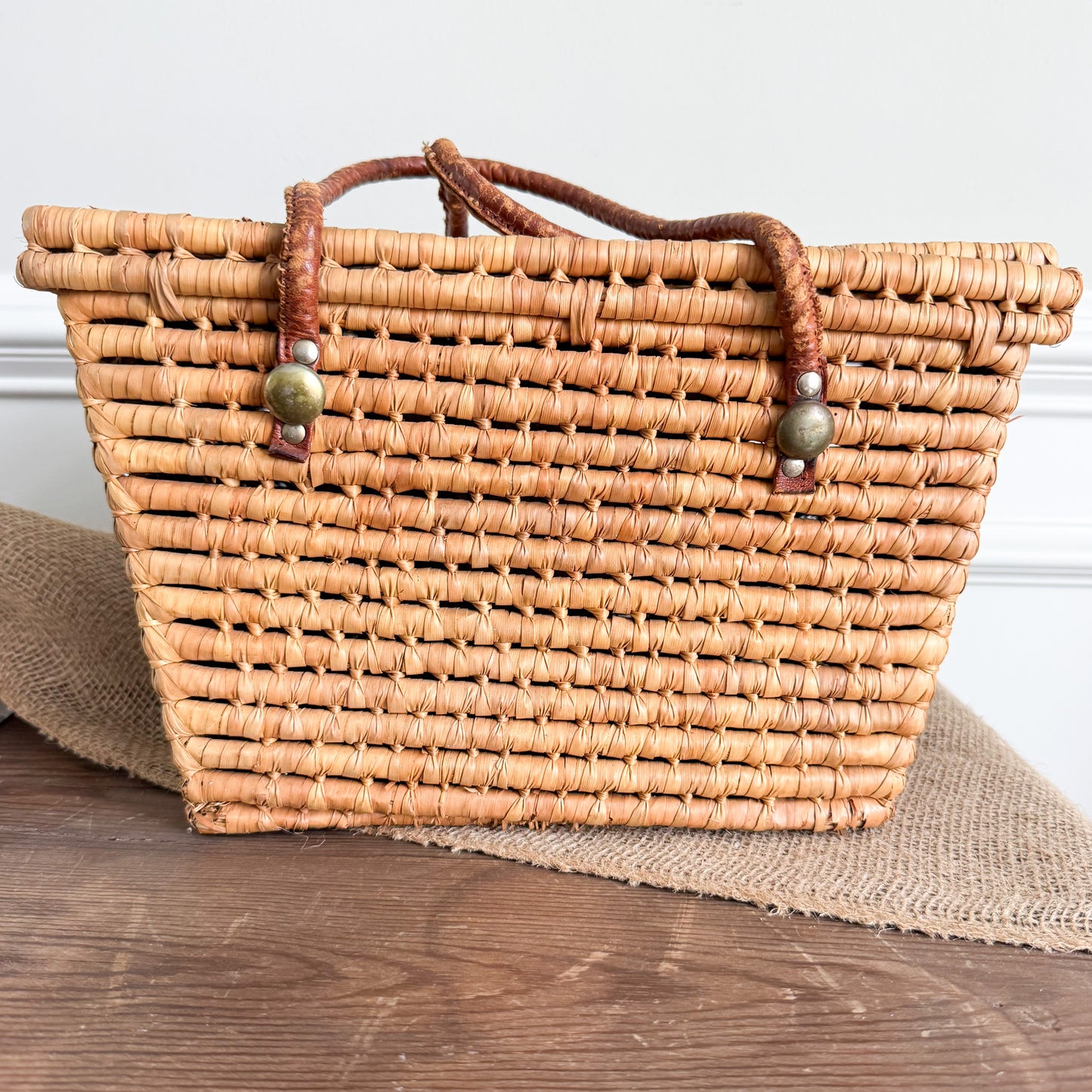 Monterrey Bohemian Vintage 1960’s Handwoven Raffia Palm Picnic Basket