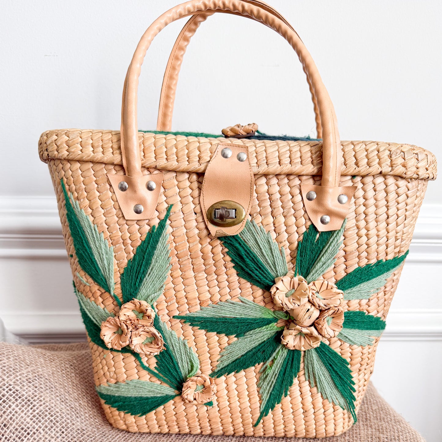 Tupelo Vintage Fine Palm Handwoven Bohemian Floral Medium Tote Shopper Bag