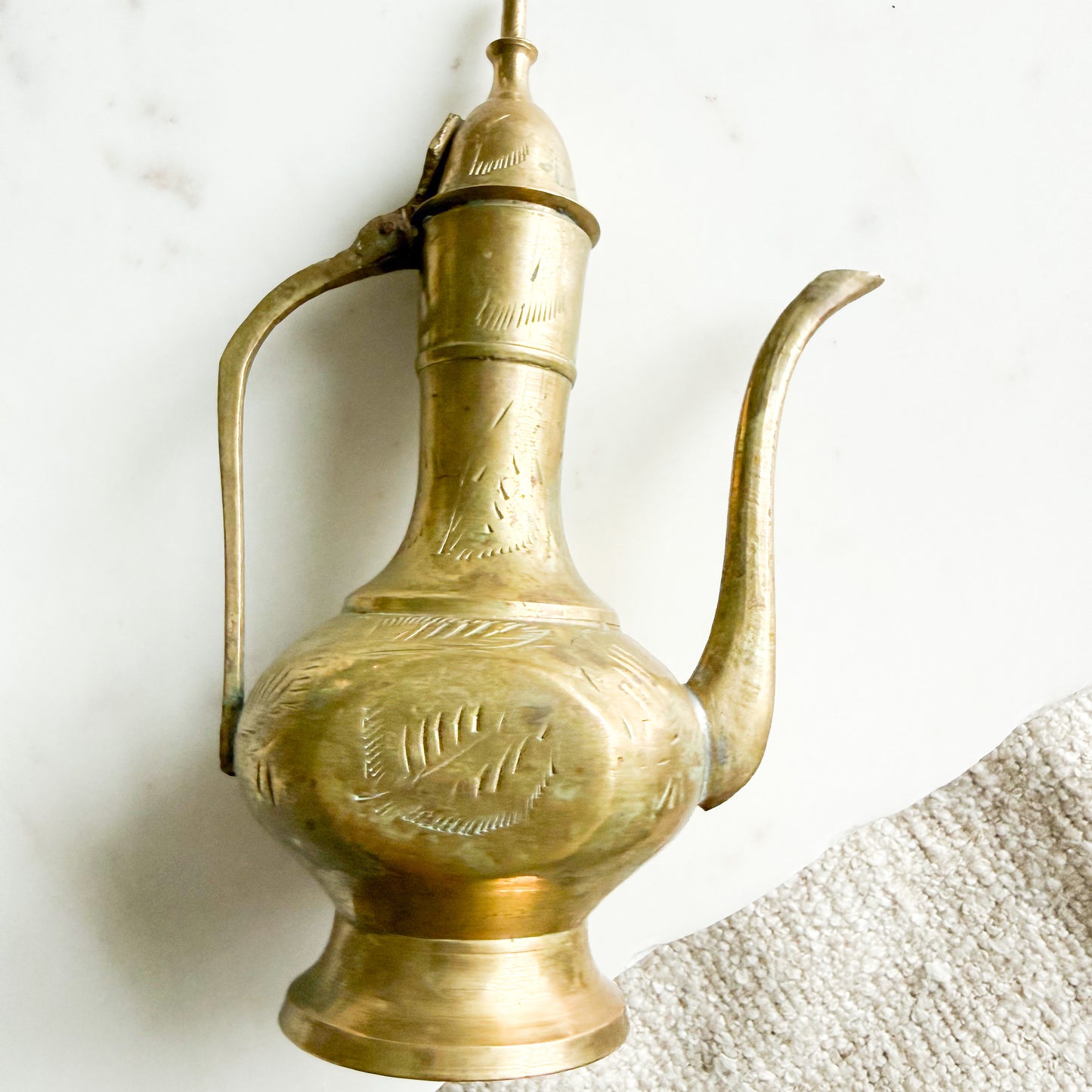Fern Vintage Etched Brass Teapot with Handle and Lid