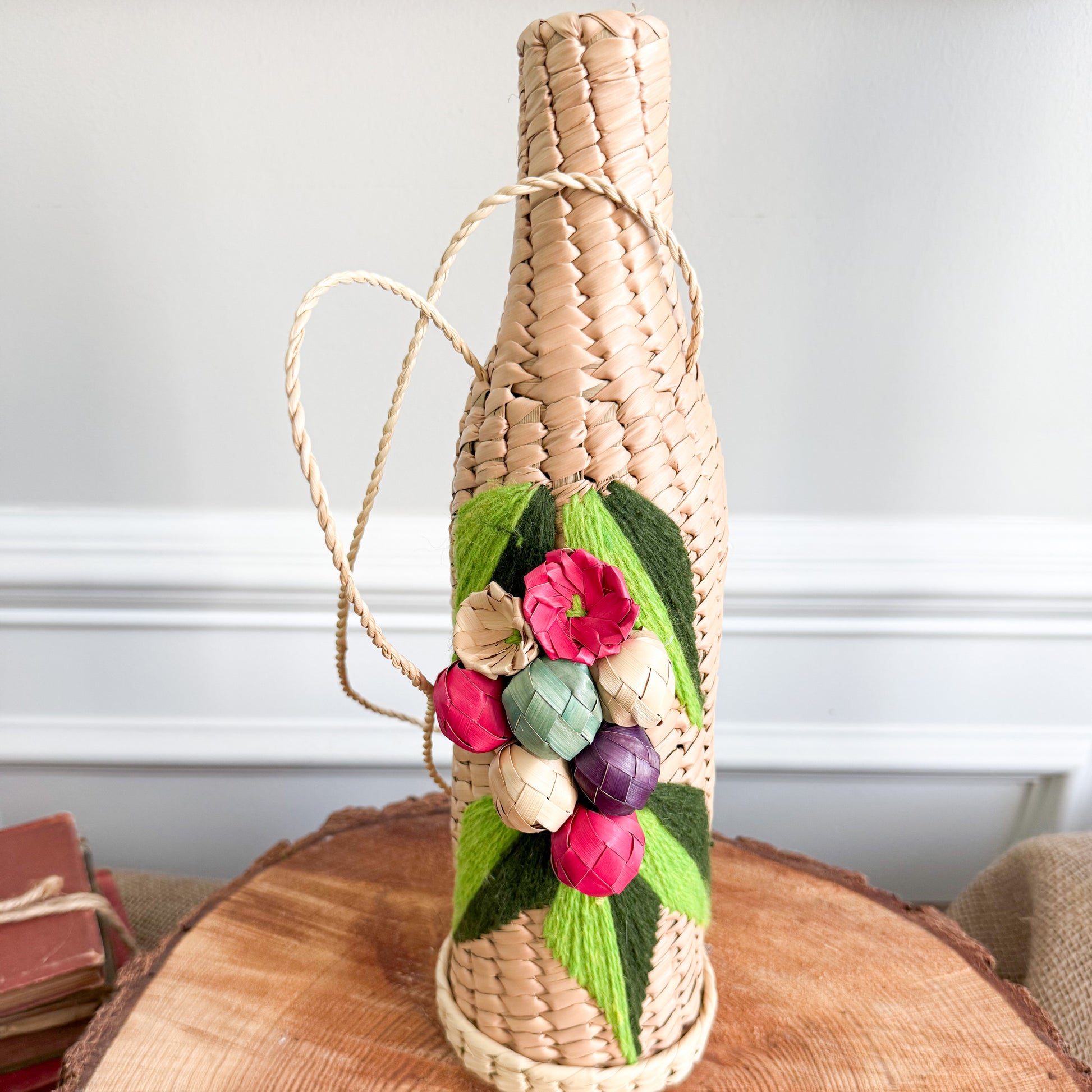 Raspberry Bohemian Vintage Fine Palm Woven Wine Carrier